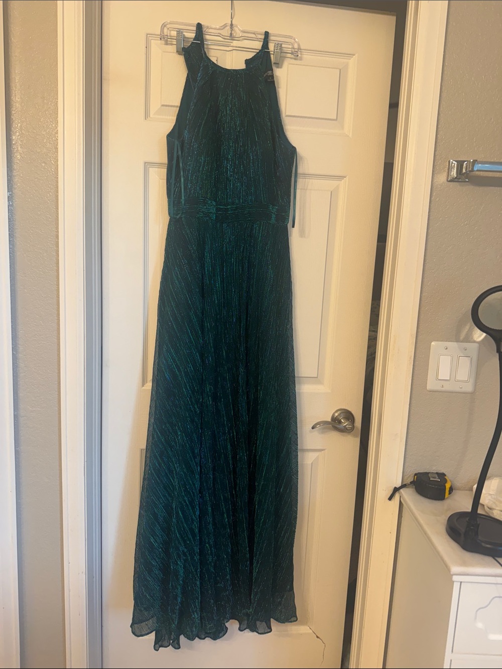 Betsy & Adam Floor-Length Shimmering Teal Halter Gown